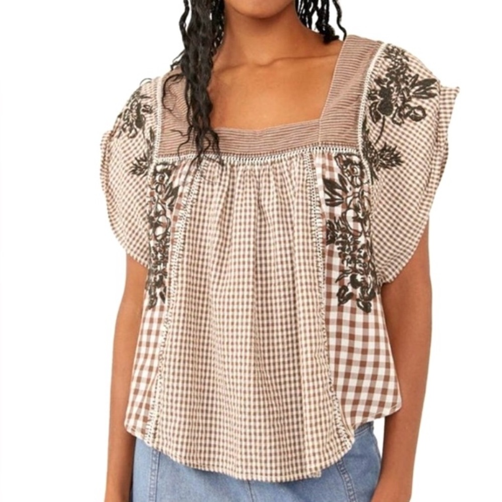 Free People Gingham Embroidered Smock Style Shirt